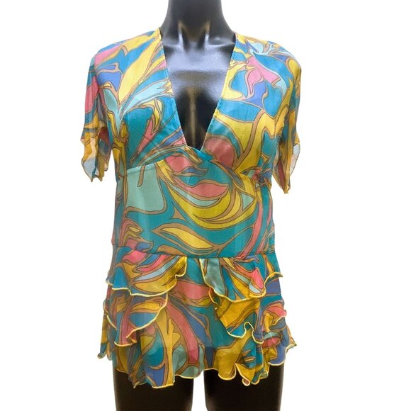 Janice Jaraicie Nelli Colorful 100% Silk V-Neck Ruffled Blouse Top L - Picture 1 of 6